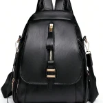 Sac à bandoulière chic avec rabat avant à fermeture éclair, simili cuir noir, décorations métalliques, poche double couche, poches latérales pour les voyageurs