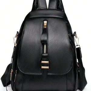 Sac à bandoulière chic avec rabat avant à fermeture éclair, simili cuir noir, décorations métalliques, poche double couche, poches latérales pour les voyageurs