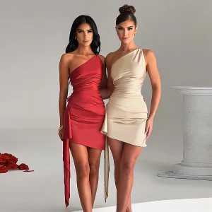 Robe de soirée en satin haut de gamme, robe de soirée en fibre inclinée, élégante, mince, fête d&rsquo;anniversaire, mini robe d&rsquo;été, vêtements de club, nouveau, 2024