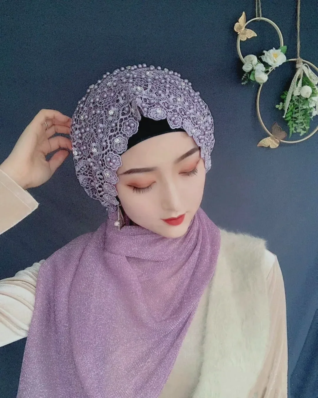 luxe dentelle perles turban casquette dubaï femmes musulmanes fête foulard prêt à porter hijab mode châles bandeau malaisie chapeaux