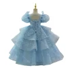 Robe de princesse à fleurs scintillantes pour filles, manches bouffantes, en Tulle à plusieurs niveaux, décolleté en perles, robe formelle de concours de fête de mariage, personnalisée