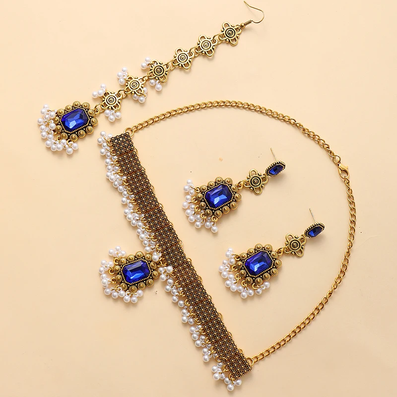 Ensemble de bijoux de Dubaï pour femmes, boucles d'oreilles pour patients, accessoires de mariage, collier en cristal géométrique vintage, coiffure frontale, nouveau