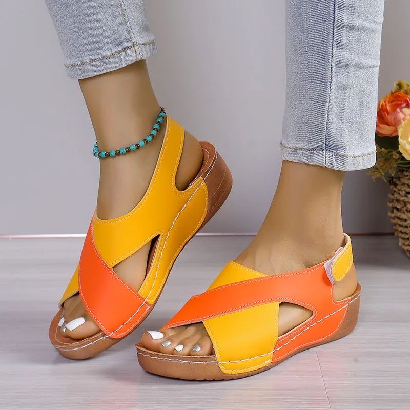 nouvelles femmes contraste couleur sandales à talons compensés été peep orteil chaussures de plage antidérapantes femme plate forme confortable romaine sandalias mujer