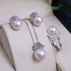 Ensemble de bijoux en argent regardé 925 pour femme, collier et boucles d&rsquo;oreilles en perles véritables, perle blanche d&rsquo;eau douce naturelle, cadeau
