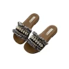 sandales à fond plat à la mode pour femmes, pantoufles de plage antidérapantes avec perles, chaussures confortables à enfiler, semelle en caoutchouc, style de loisirs, été