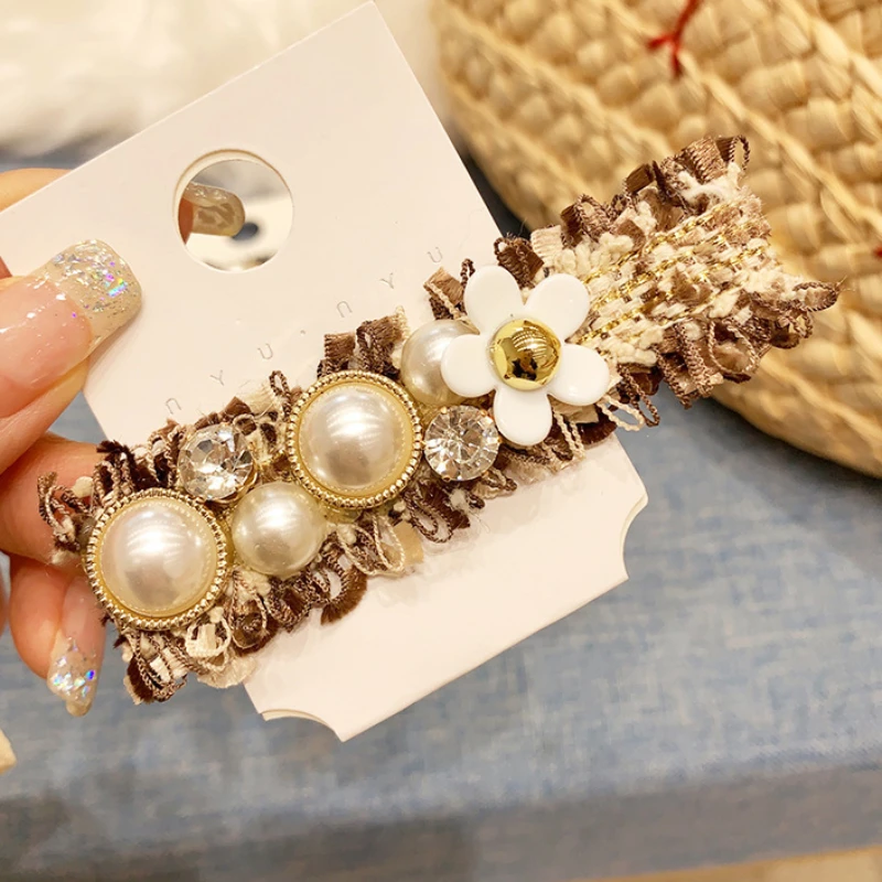 Épingle à cheveux en biscuits fleur perle vintage pour femme, pince à cheveux BB, haut cassé, accessoires de bijoux élégants, coréen, doux, nickel é, nouveau