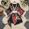 kimono japonais pour femmes, robe de bain, vêtements de nuit, col en v, imprimé floral, nœud, taille façonnant, mini robe ample, manches longues, robe de nuit