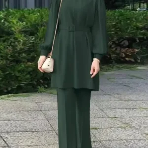 Femmes arabes Eid musulmanes deux pièces Ensemble à lacets chemisier et pantalon Musulman Ensemble ceinture correspondant ensembles bouton chemise Femme Abaya Ramadan