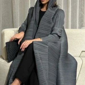 2025 Abaya plissé Miyake avec col rabattu, manches longues, design imprimé vintage, grande taille