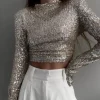 Haut court à manches longues pailletées pour femmes, col rond, paillettes brillantes, t-shirt de fête, culb de fête, pull décontracté basique, t-shirt de soirée
