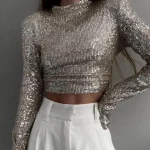 Haut court à manches longues pailletées pour femmes, col rond, paillettes brillantes, t-shirt de fête, culb de fête, pull décontracté basique, t-shirt de soirée