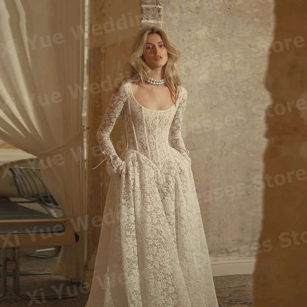 robe de mariée luxueuse ligne a pour femmes, avec des appliques en dentelle, personnalisée, dos nu, manches longues