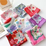 Foulard carré en coton et lin pour protection solaire, écharpe de cou florale pêche pour femmes, foulard décoratif à la mode, bandeau 58x58cm