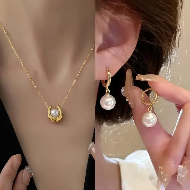 Collier et boucles d'oreilles avec pendentif en perles pour femmes, en acier inoxydable, nouveau charme en forme de U, ras de cou pour soirée de mariée, ne se décolore pas, bijoux cadeau