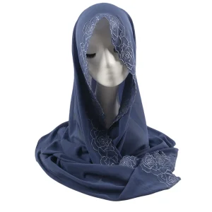 Foulard Hijab en mousseline de soie brodé de fleurs pour femmes musulmanes Hijabs mode Long châle bord en dentelle longue écharpe Islam Turban foulard