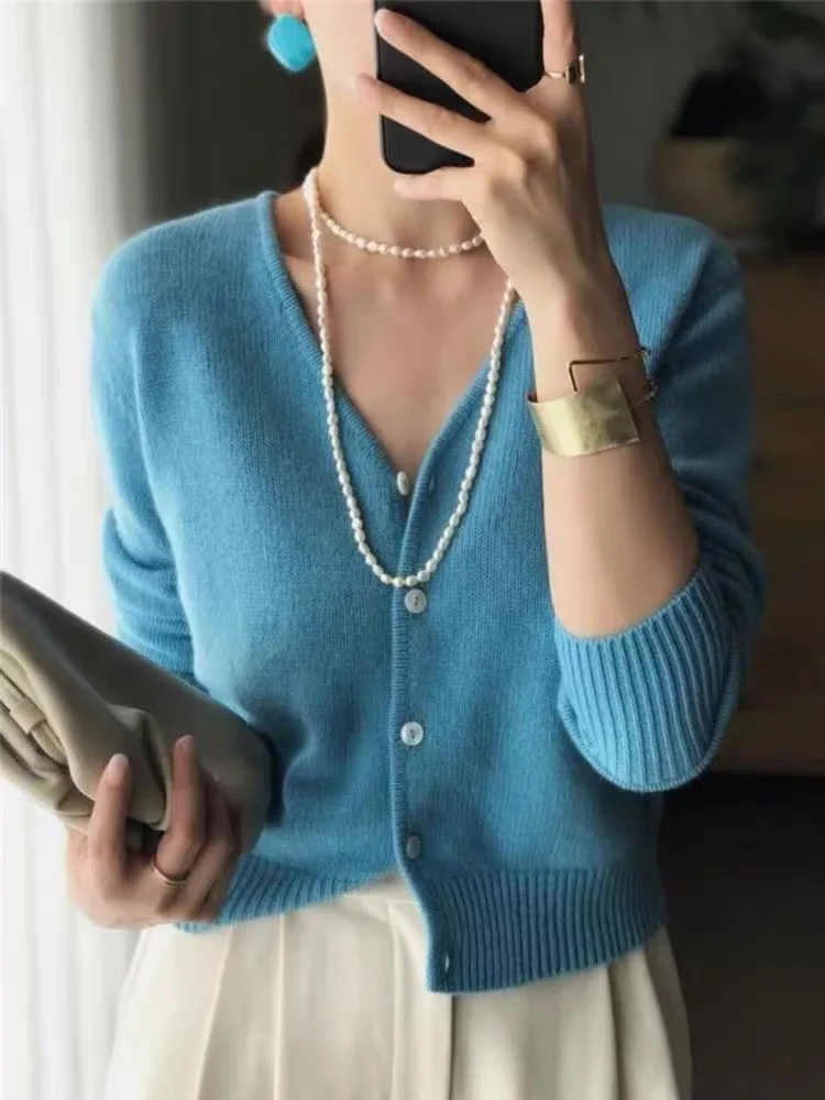 cardigan court en cachemire pur 100 pour femmes, haut à col en v d'automne, manteau tricoté élégant de style européen