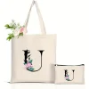 sac fourre tout élégant avec alphabet floral pour femmes, sac à main spacieux pour les déplacements, sacs à main à usage quotidien, cadeau, sac de courses réutilisable et écologique