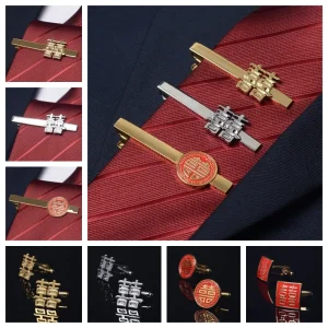 Boutons de manchette en alliage, Double bonheur, mot heureux, pince à cravate de mariage traditionnel chinois, bouton de manches de marié rouge de bénédiction