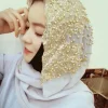hijab musulman en mousseline de soie pour femme, longue Écharpe perlée, avec diamants dorés et paillettes, à la mode, turban uni