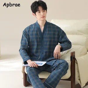 Ensemble pyjama de style kimono japonais pour hommes – Tissu en coton à carreaux bleus avec boutons sur le devant, poches et ceinture élastique L-4XL