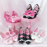 Sandales à talons d&rsquo;amour avec nœud rose japonais, vêtements d&rsquo;extérieur pour femmes, nouvelle collection été 20225, pantoufles à talons hauts Lolita douces, pantoufles à un mot, chaussures pour filles Kawaii