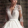robe de mariée en satin avec dentelle et col en v pour femme arabe, vêtement de luxe, manches 3/4, avec poche