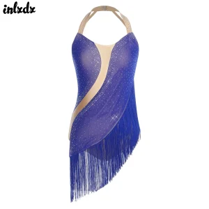 Costume de spectacle de danse latine pour femmes, pompon en strass, ourlet irrégulier, justaucorps de Ballet, combinaison de danse Tango cha-cha