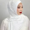 pull hijab instantané pratique, écharpe perlée, châle malais, foulard de couleur unie pour femmes (un bonnet cadeau)