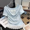 t shirt à manches courtes épissé avec bordure en dentelle pour femmes, faux haut unique deux pièces à col rond, nouvelle collection été 2025