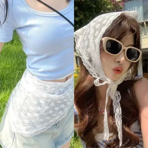 Dentelle fleur tempérament élégant dentelle femme fleur blanc doux Triangle écharpe mince ruban respirant Style artistique Photo de voyage