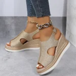 Nouvelles femmes sandales compensées décontractées confortable bout ouvert paillettes couleur doré femmes été sandales à talons hauts Sandalias De Mujer