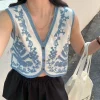 gilet brodé pour femmes, veste en crochet à fleurs, tricot ouvert, sans manches, boutonné, haut court, tenue de vacances d'été boho