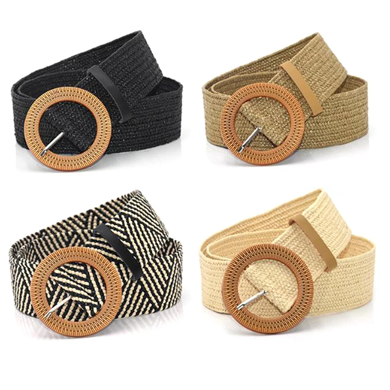 Ceinture élastique tressée en plastique pour femmes, ronde, vintage, bohème, paille, décorative, robe, été