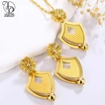 As00046-Collier Double Couche en Forme de Bouclier Plaqué Or 24K pour Femme, Bijoux de Dubaï, Boule Ronde, Boucles d&rsquo;Oreilles Fleurs Élégantes du Moyen-Orient, Ensemble de Mariage Deux Pièces à la Mode