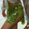 mini jupe à paillettes fendue sur le côté pour femmes, jupes à lacets taille haute pour dames, sexy, club, soirée, robe trapèze, printemps, été, éducatif, 2025