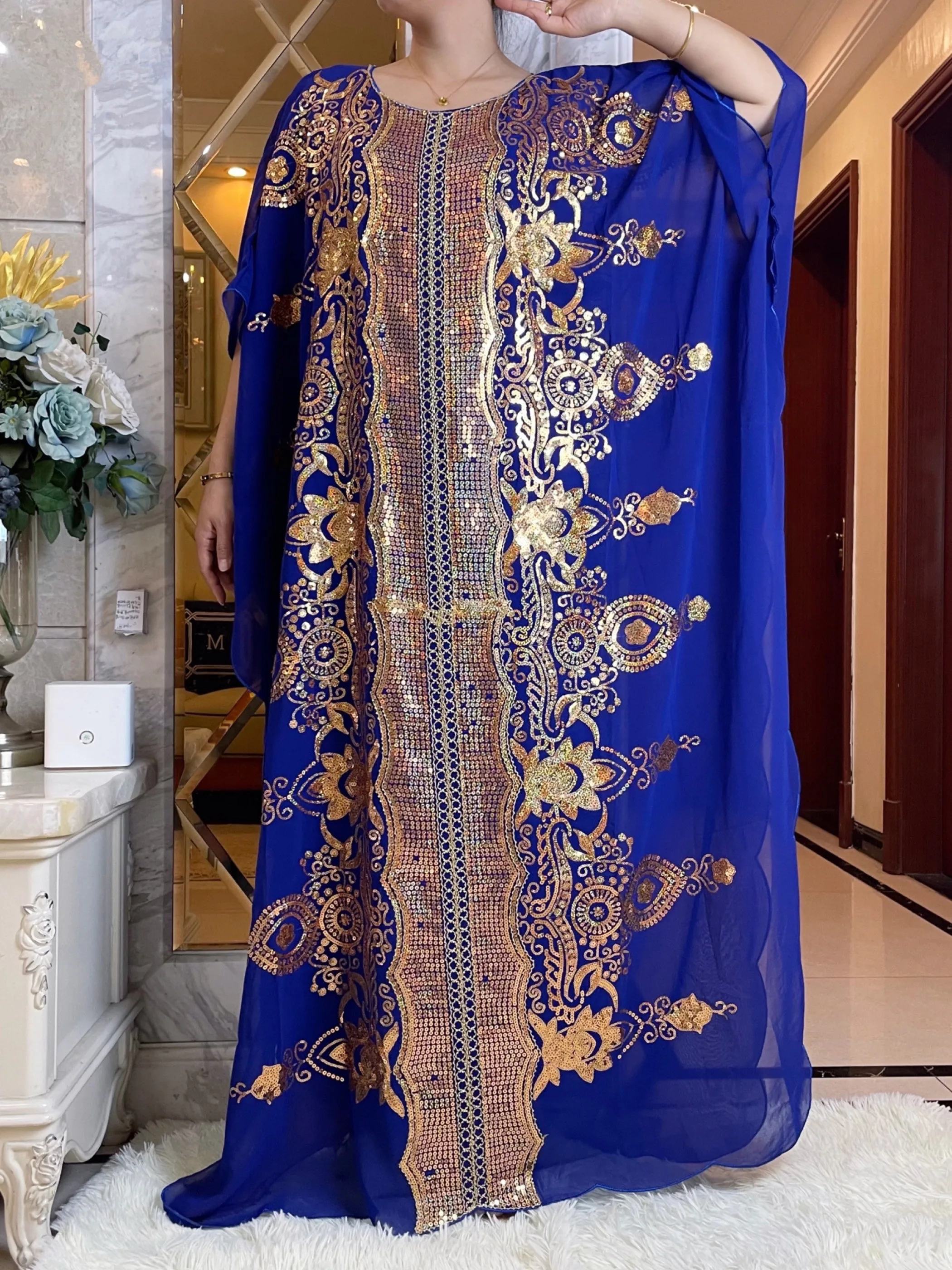 2025 nouvelles femmes africaines Dashiki mode musulmane Abaya élégant en mousseline de soie manches chauve-souris paillettes Robe ample Robe élégante taille libre