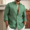chemise unie en coton et lin pour hommes, couleur unie, classique, boutonnée, revers, manches longues, mode printemps automne, chemises amples pour hommes