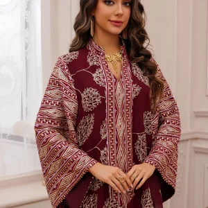 Abaya musulmane de dubaï pour femmes, tissu rouge islamique élégant avec broderie dorée complexe pour moyen-orient, arabie saoudite, Qatar, nouvelle collection