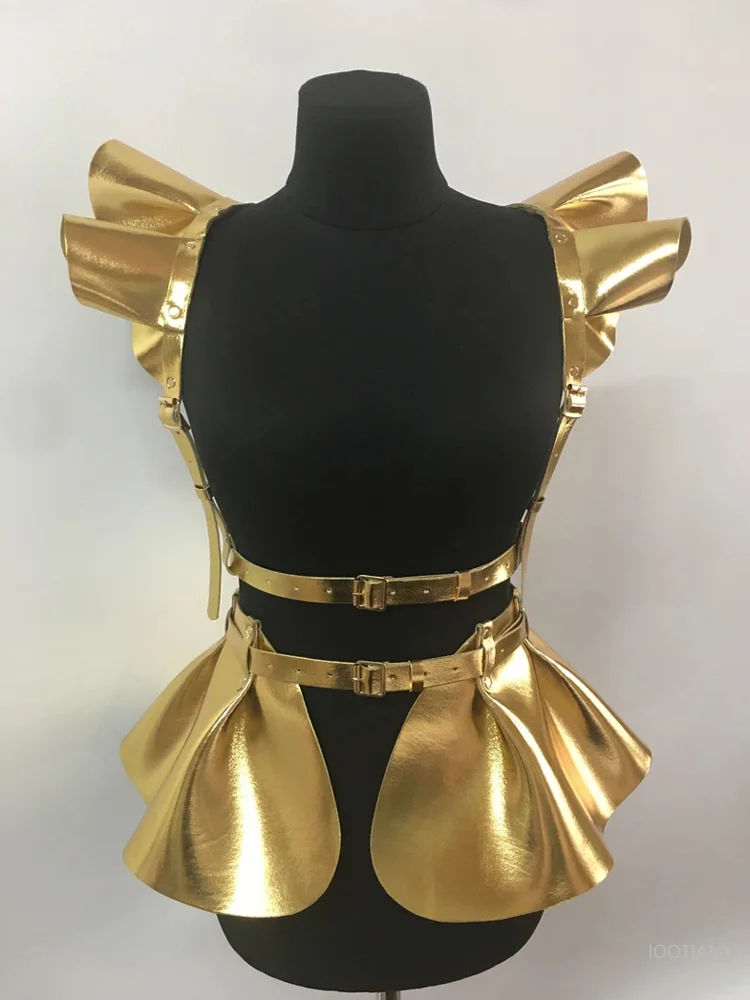 Ceinture gothique en cuir holographique pour femmes, bretelles, spectacle sur scène, Cosplay, jupe Pu Sexy, ceinture multicolore, Costume 2025