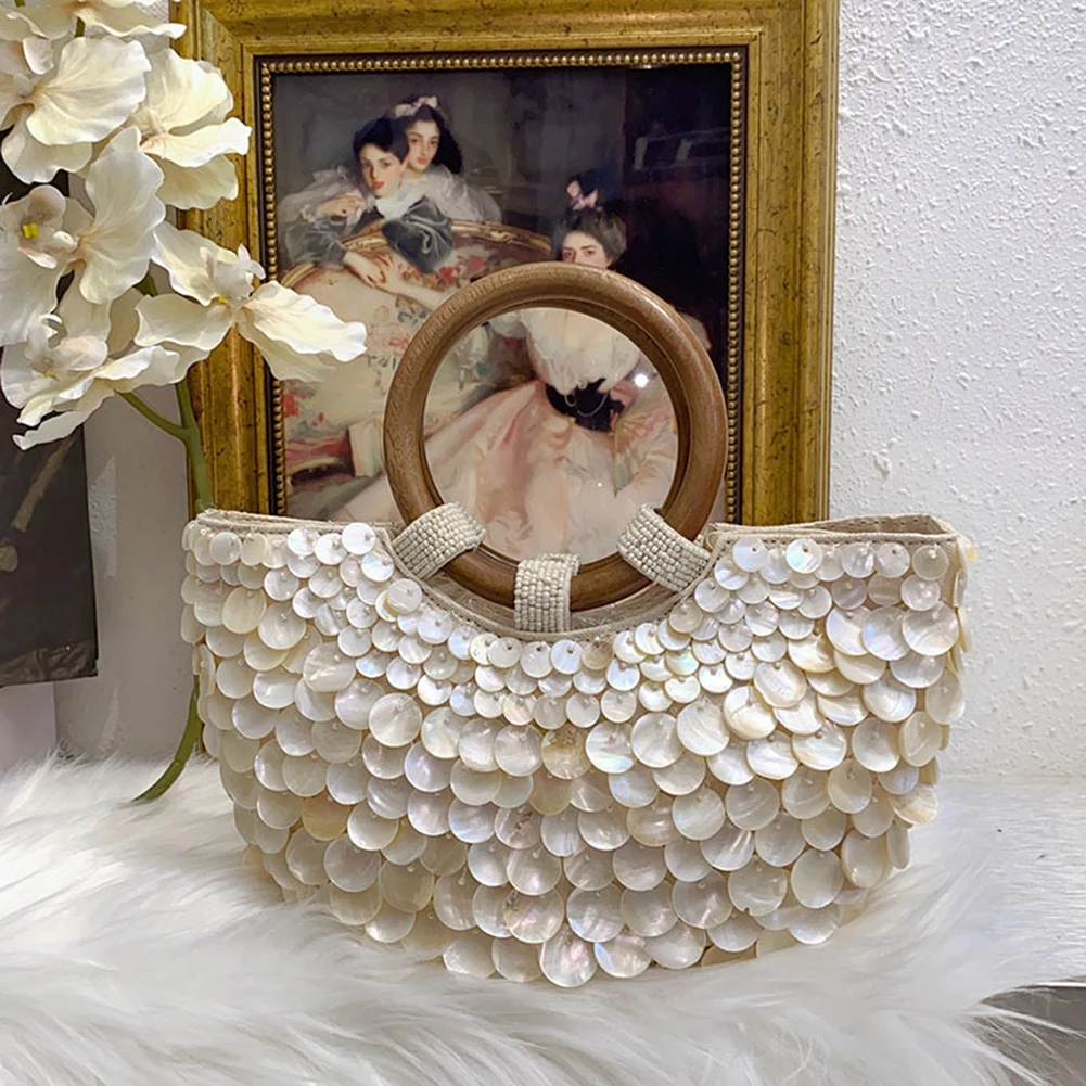 Pochette en perles de coquillage, sac à main fait à la main avec poignée supérieure, sac à main de soirée de luxe de styliste pour femmes, vacances d'été
