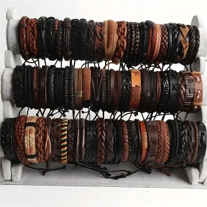 20 pièces Bracelets en cuir tressé pour hommes femmes envelopper perles de bois manchette Bracelet cordons de chanvre ethnique Tribal fait à la main Wrap Bracelet