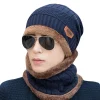 chapeau d'hiver pour hommes, écharpe polaire pour femmes, bonnet tricoté en cuir, laine épaisse, chauffe cou, cagoule, masque de ski, bonnets skullies
