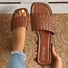 Sandales d&rsquo;été de luxe pour femmes, pantoufles à fond plat, décontractées, simples, couleur unie, sangle tissée en un mot, sandales de plage de sable