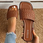 Sandales d&rsquo;été de luxe pour femmes, pantoufles à fond plat, décontractées, simples, couleur unie, sangle tissée en un mot, sandales de plage de sable