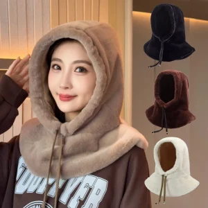 Cape de fourrure écharpe capuche hiver chapeau chaud pour les femmes polaire épaisse Protection des oreilles écharpe de mode intégré temps froid en plein air