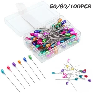 Épingles à coudre à tête de perle longue, 50/80/100 pièces, épingle droite de couleur en forme de poire pour bricolage, artisanat, aiguille de Quilting, couturière, outils de couture