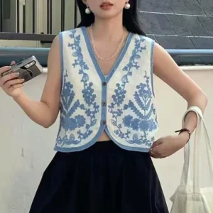 Gilet brodé pour femmes, veste en Crochet à fleurs, tricot ouvert, sans manches, boutonné, haut court, tenue de vacances d&rsquo;été Boho