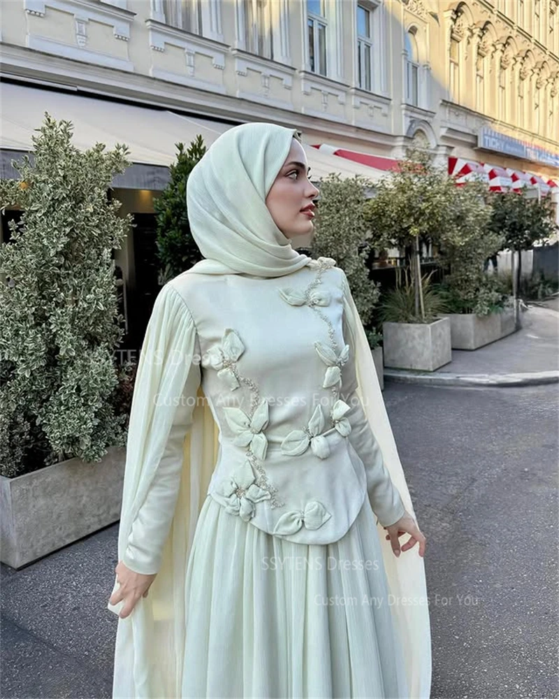 ssytens robes de soirée modestes avec hijab à manches longues cape robe de soirée de mariage musulmane à la main fleur robes de soirée personnalisées