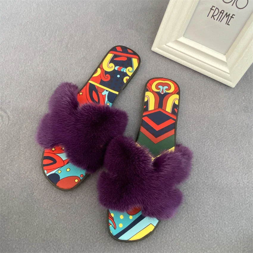 Sandales plates pour femmes, pantoufles 100% vrais poils de vison, chaussures de styliste à fond plat, tongs d'extérieur confortables et antidérapantes