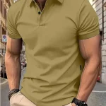 T-shirt à manches courtes et revers boutonné pour hommes, couleur unie, haut décontracté
